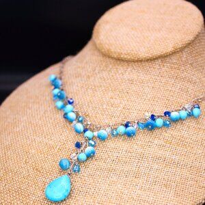 925 Sterling Silver Blue Stone Cats Eye Crystal Y Drop Southwest Necklace Chain